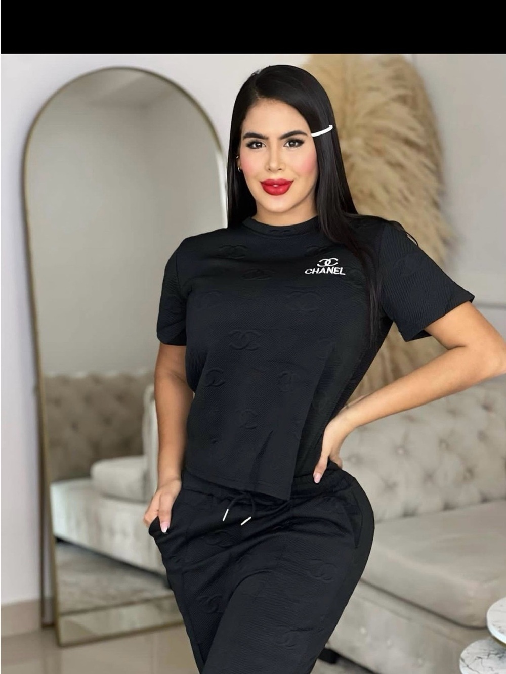 CHANEL Black Short Sleeve Logo Tee with Subtle CC Embossing